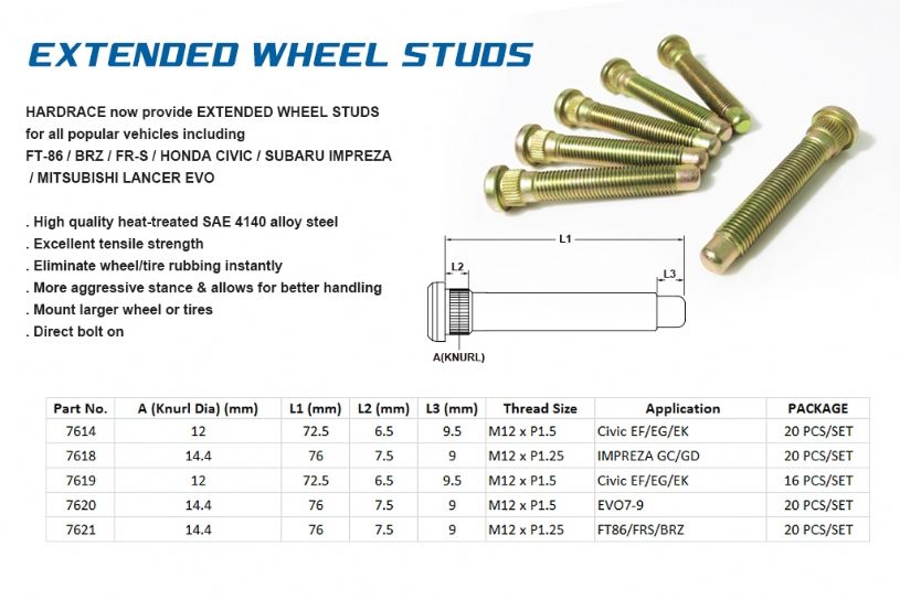 HARDRACE Extended Wheel Studs - Mitsubishi Lancer Evolution