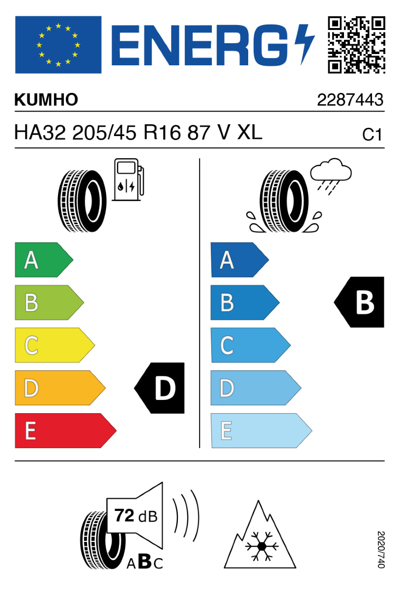 KUMHO HA32 205/45 R16 87 V XL - D, B, 2, 72dB